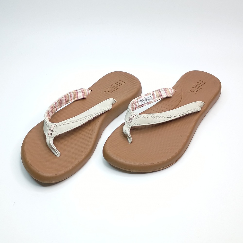 Flojos Sandals Flip Flops Women Size 9 Brown Cream Woven Fabric Strap